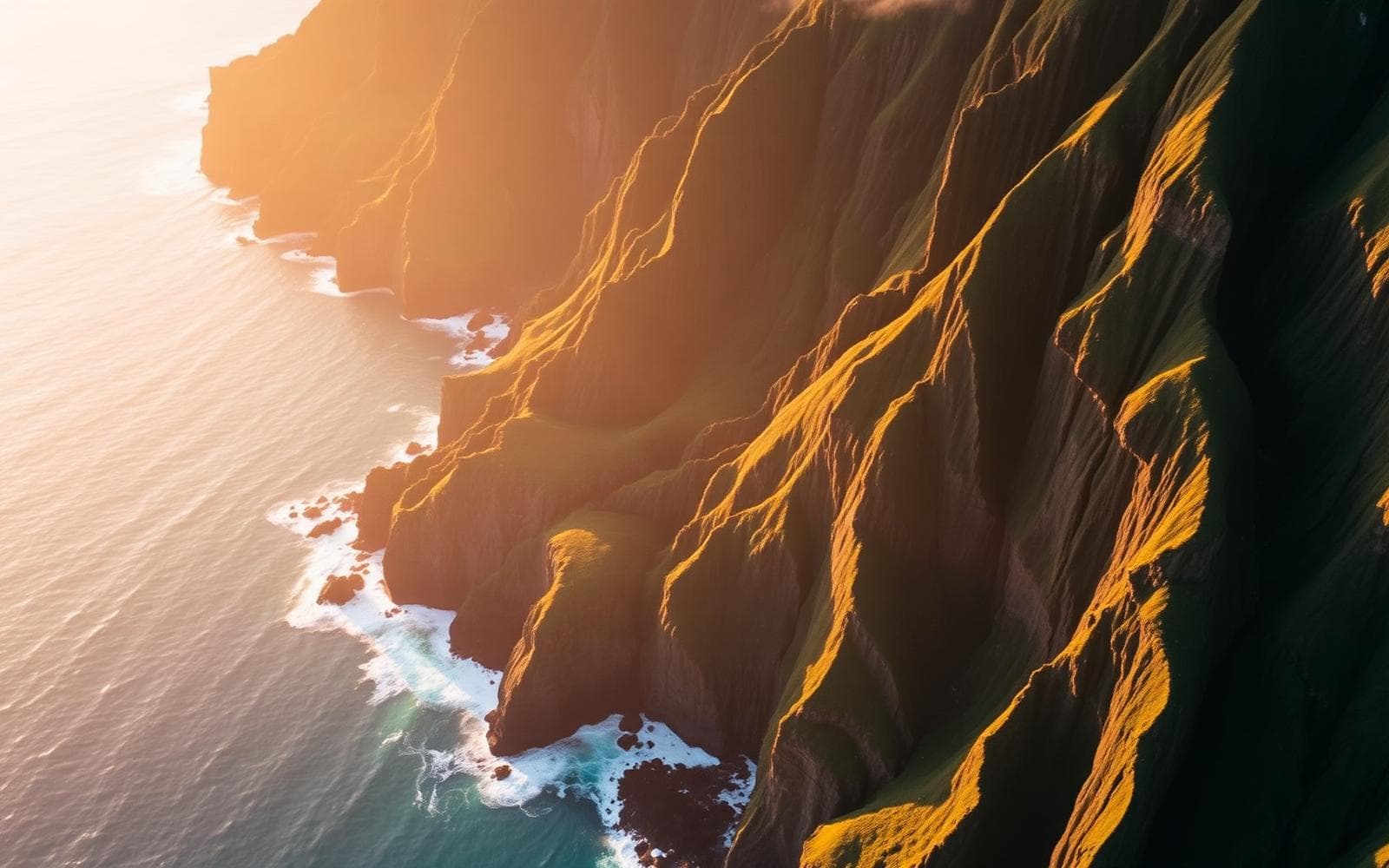 Aerial view of the Na Pali Coast cliffs on Kauai at golden hour
