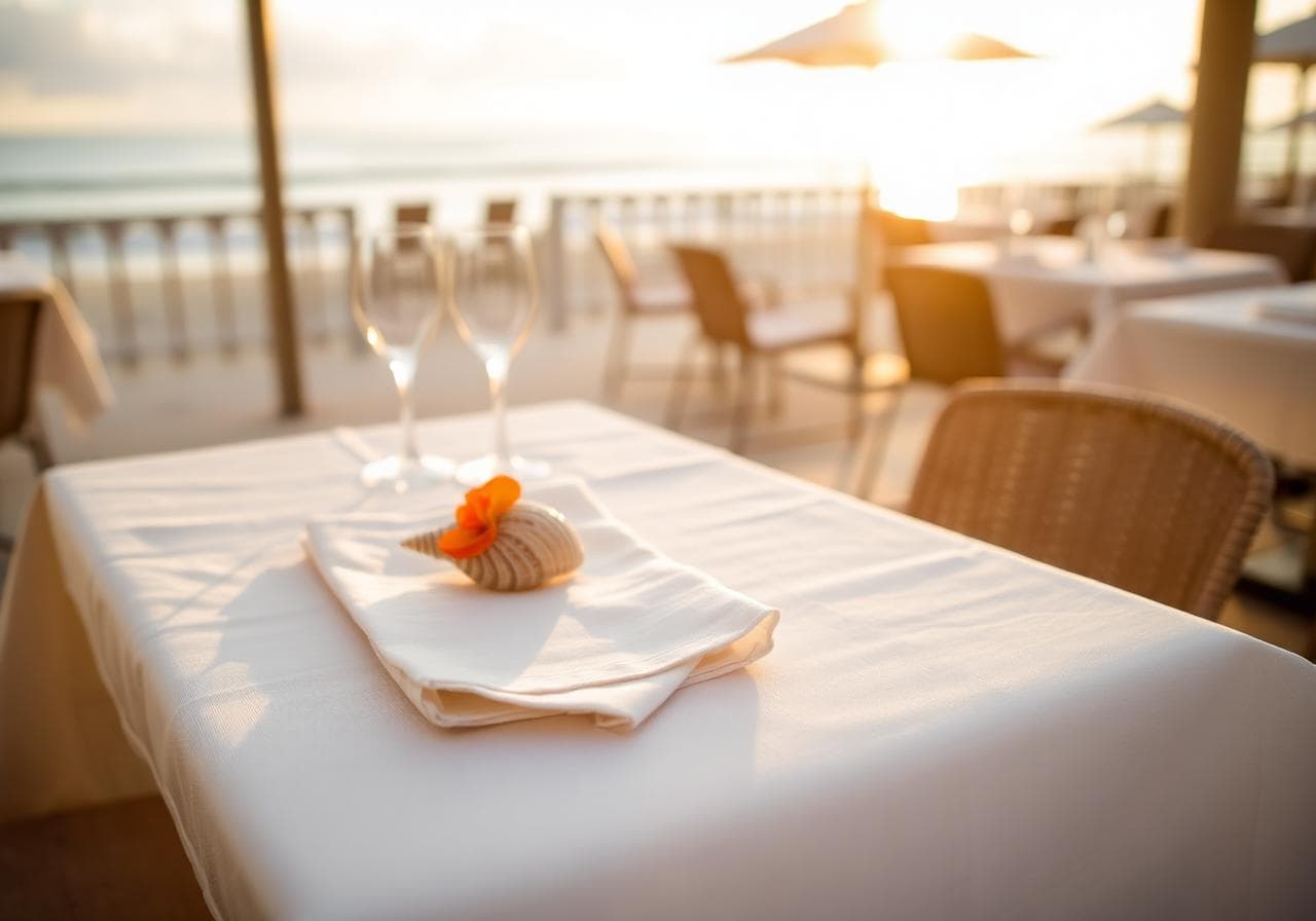 Oceanfront restaurant table set with linens and a seashell at sunset in Hawaii