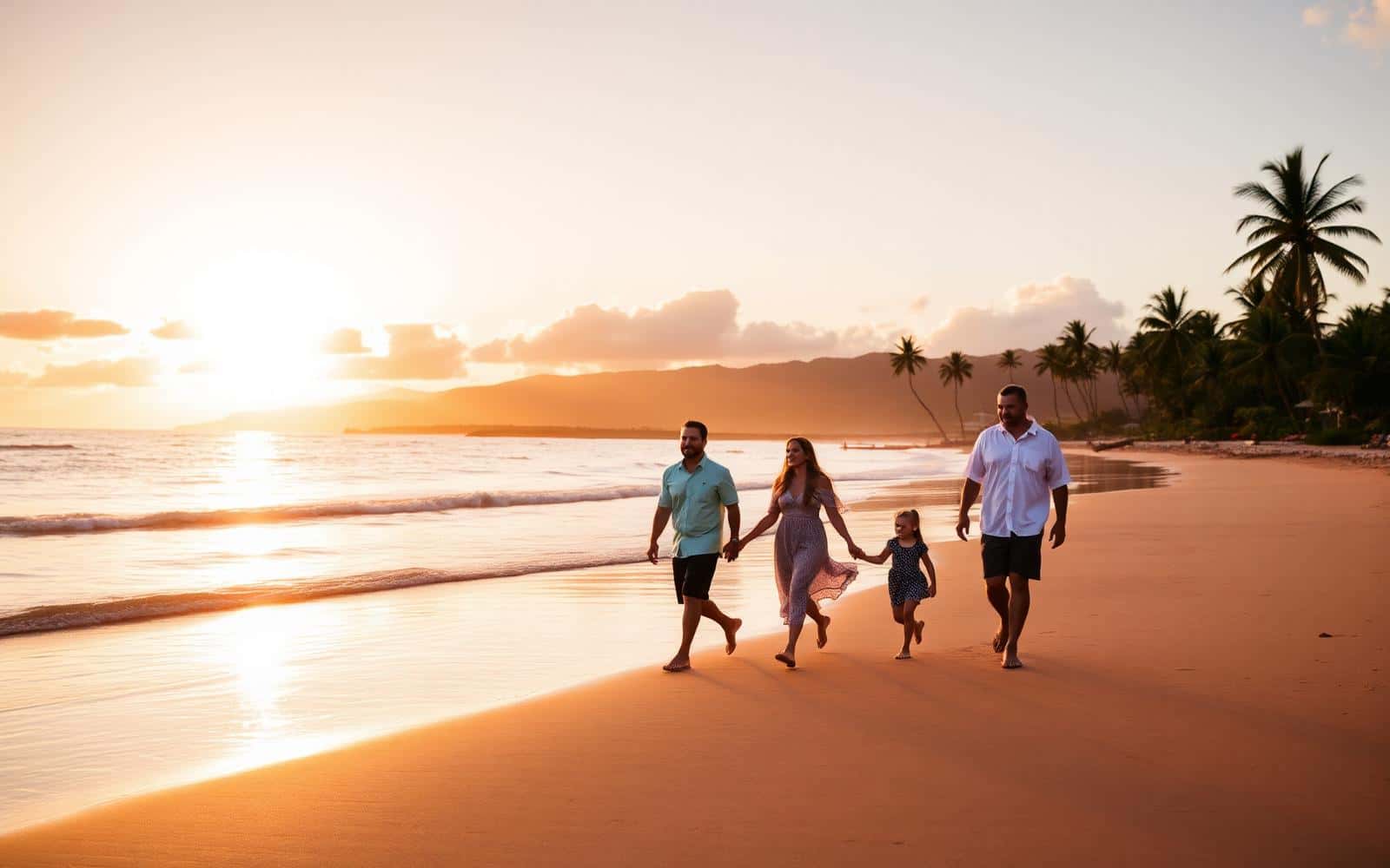 Family holding hands on a calm Maui beach at golden hour